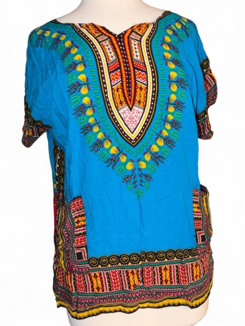 Dashiki Tunic Boho African Print Top - Turquoise Blue 100% Viscose